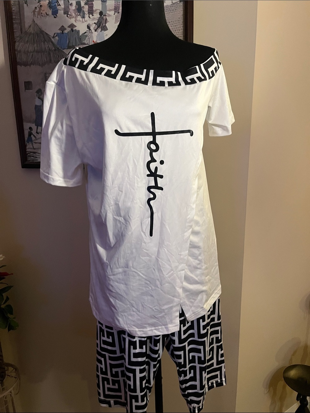 White Graphic 'Faith' Tunic with Black Greek Key Trim Shorts Set
